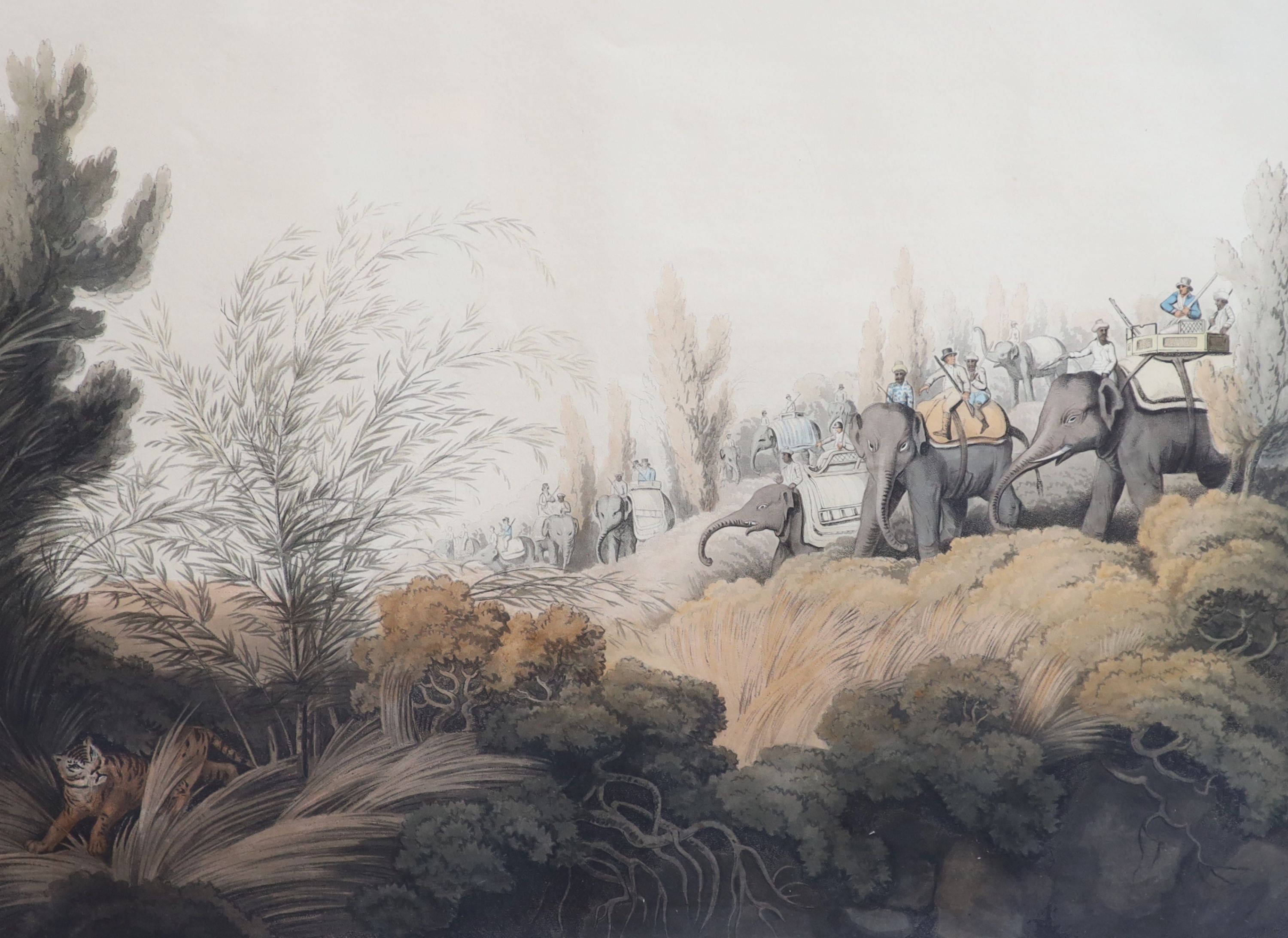 After Samuel Howett and Captain Thomas Williamson, Driving a tiger out of a jungle, Decoy elephants catching a male, A tiger prowling through a village and Shooting at the edge of a jungle, hand-coloured aquatints (4), 3